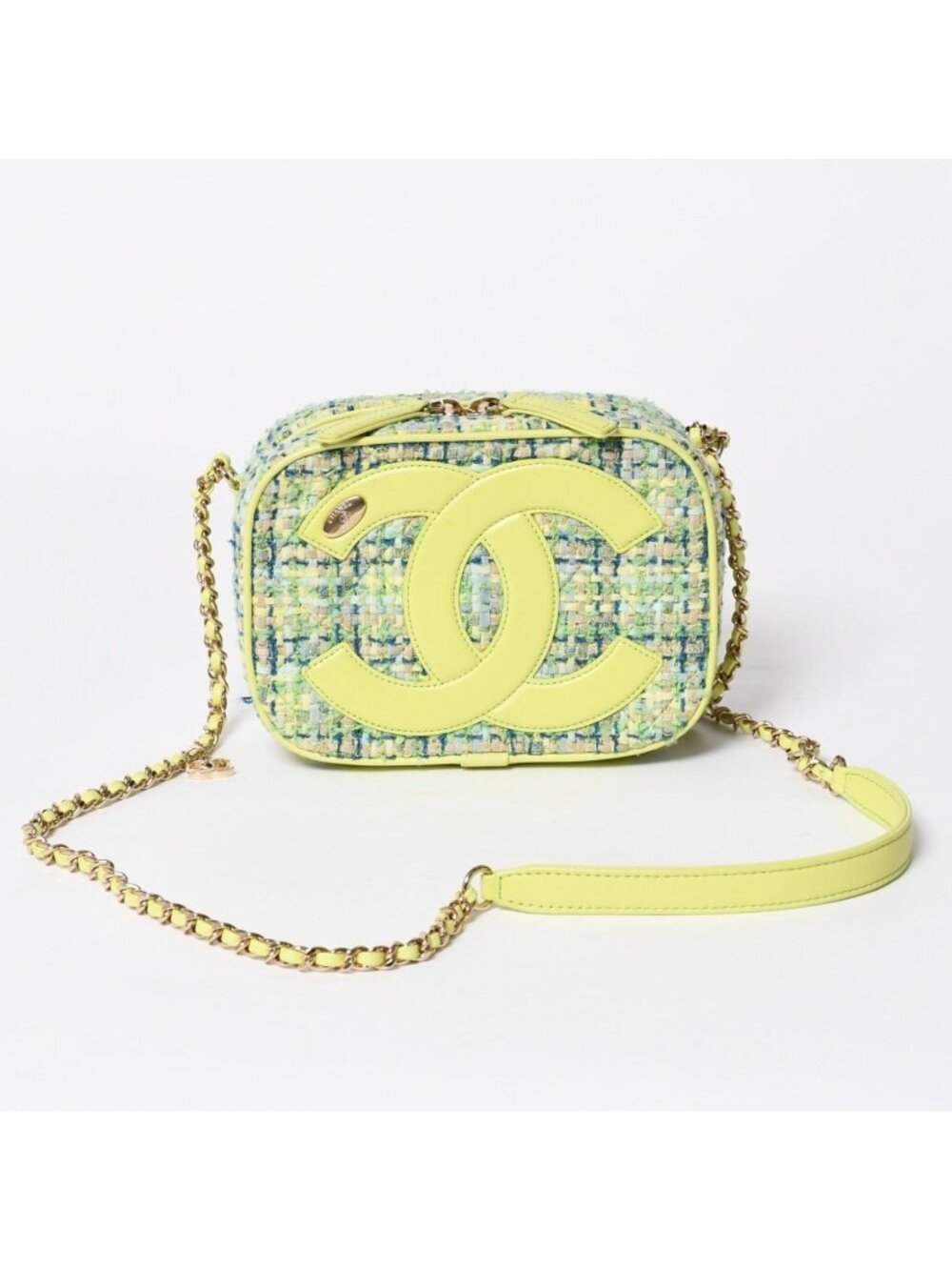 Chanel CC Mania Small Camera Bag CC Logo Lime Green Multicolor Tweed Lambskin